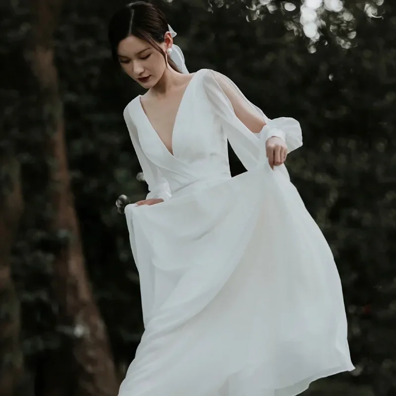 Vestido de novia ligero Mori 2025 Otoño e Invierno nueva novia talla grande Súper Hada foto de viaje delgada vestido de manga larga para salir niña