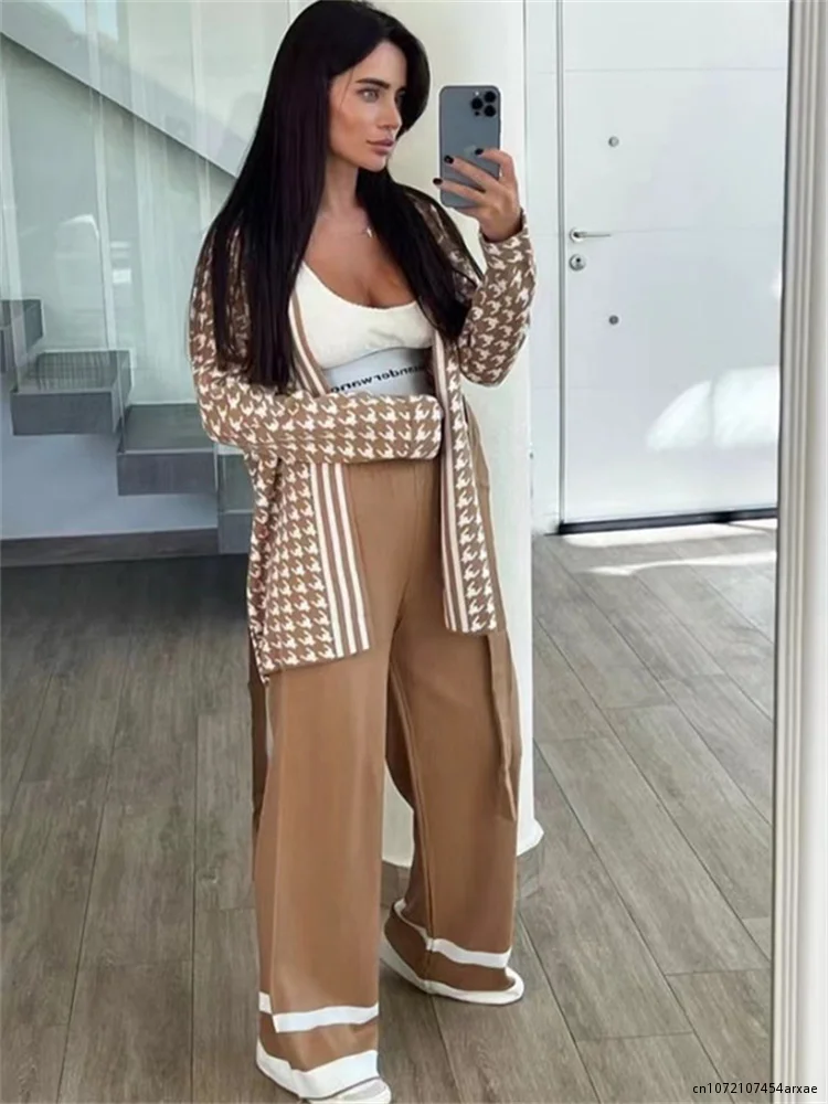 Winter Casual Houndstooth Two Pieces Suits Long Sleeve Knitted Cardigan Coat  Wide Leg Pant Female Loose Sweater Sets Tracksuit