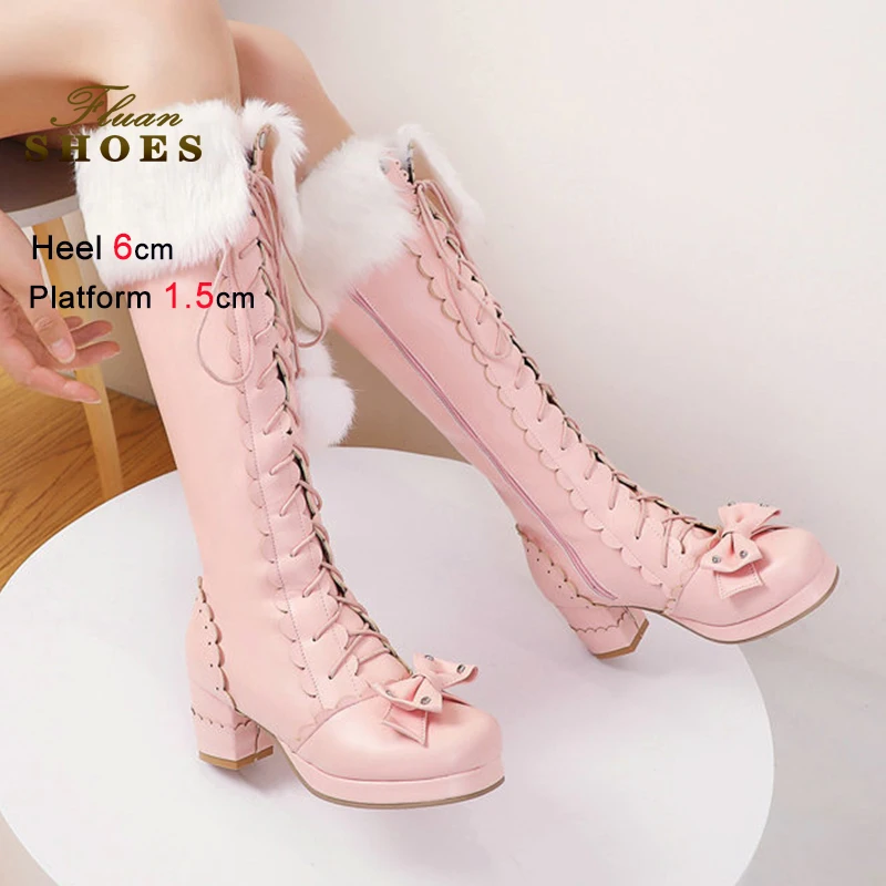 

Осенне-зимние сапоги до колена в стиле Лолиты, милая униформа JK с бантом, обувь для косплея, женские высокие сапоги из искусственной кожи с круглым носком на платформе, 6 см