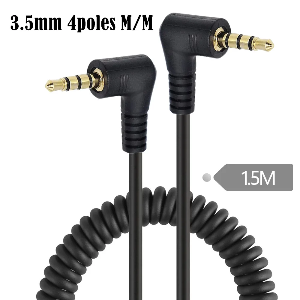 3.5mm Male To Male Jack 4 Pole 90 Degree Plug Extension Aux Audio Coiled Spiral Cable  5ft