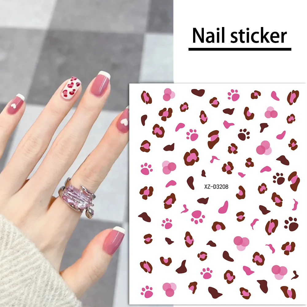 1 Uds. Pegatinas autoadhesivas para uñas con estampado de leopardo rosa 3D, pegatinas para uñas con patrón de lazo de leopardo, puntas decorativas para manicura artística DIY para invierno