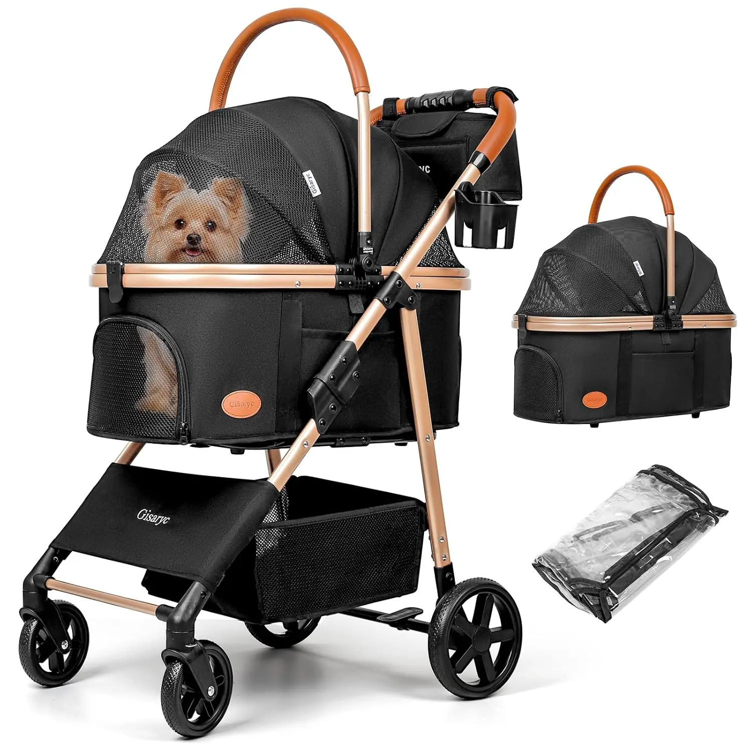 

Dog Cat Stroller for Small/Medium Pets up to 50 lbs, 3-in-1 Foldable Pet Stroller with Detachable Carrier, Car Seat, Storage Bas