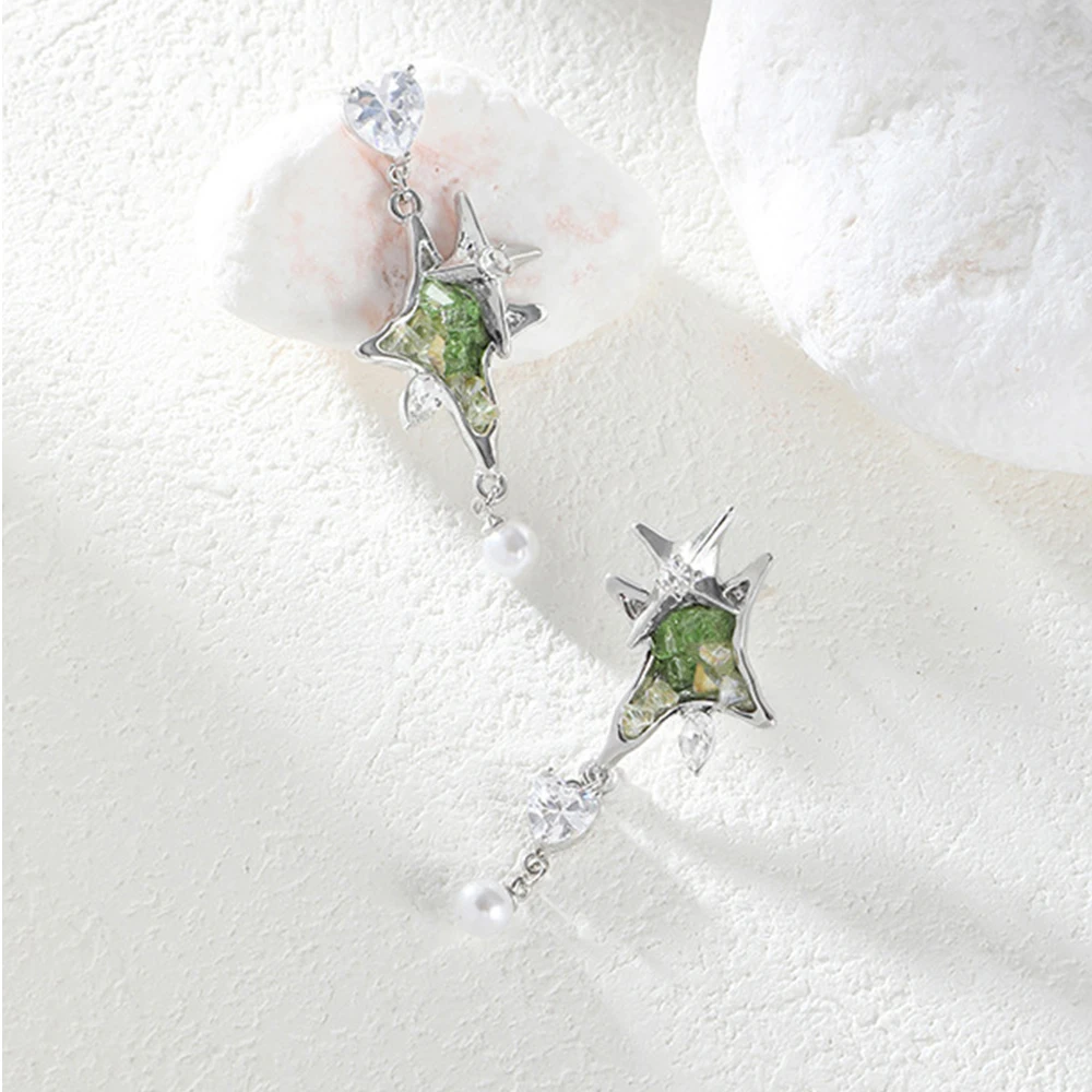 

2025 Fashion Studs Earrings Minimalist Luxury Green Four-Pointed Star Gradient Drop Earrings For Women Trendy Elegant Jewelry