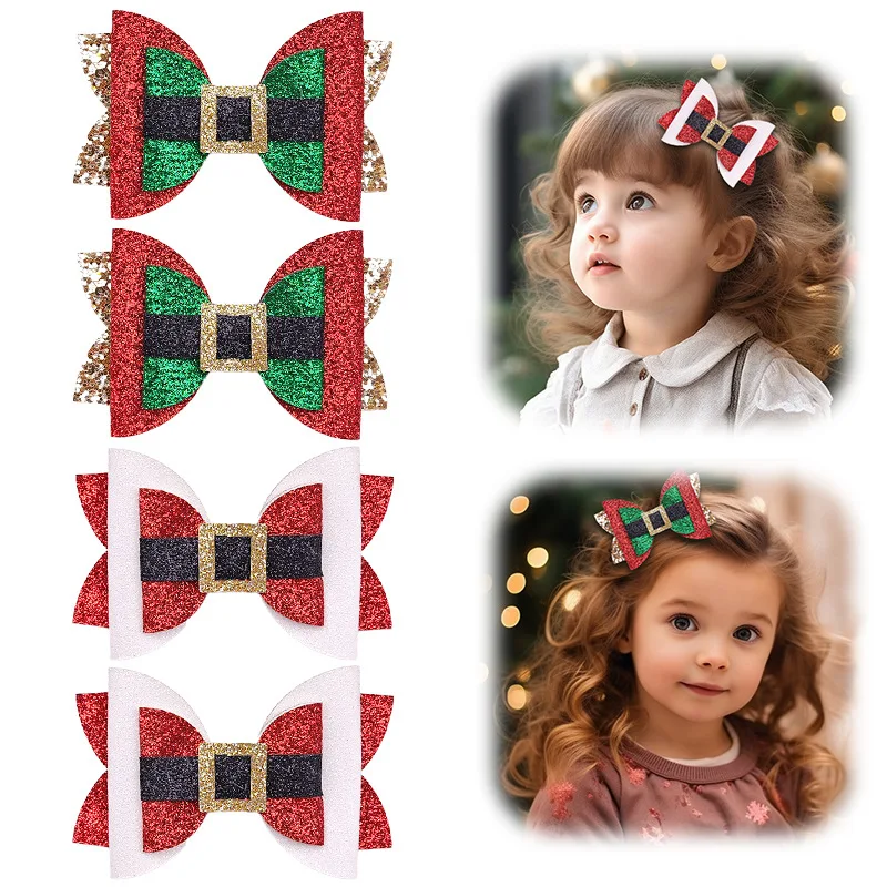 2pcs/Set Christmas Hair Clips For Girls With Color-Blocked Glitter Bows Hairpin Fully Cloth Wrapped Kids Hair Accessodries