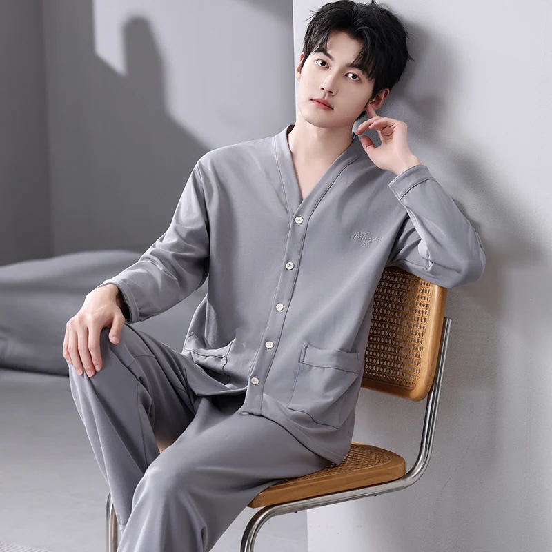 

Autumn Men V-Neck Pajamas Sets Fashion Full Pure Cotton Male Pyjamas Two Pieces Shirts + Pants Nighties Big Yards 4XL Sleepwear