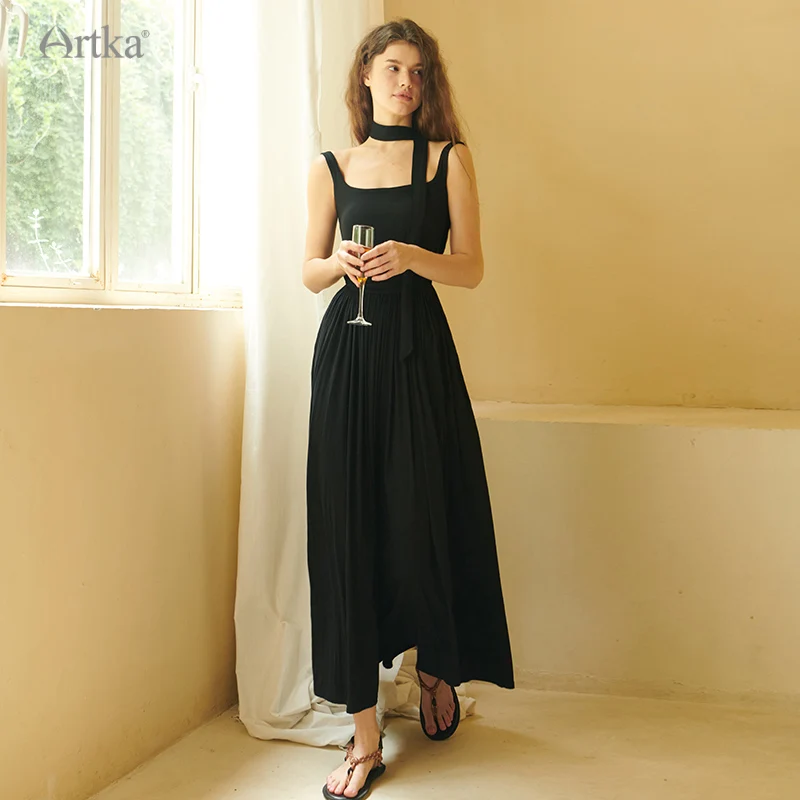 ARTKA 2024 Summer New Women Dress French Elegant Square-neck Tank Dresses Slim Long A-Line Pleated Dress With Streamer LA92640X