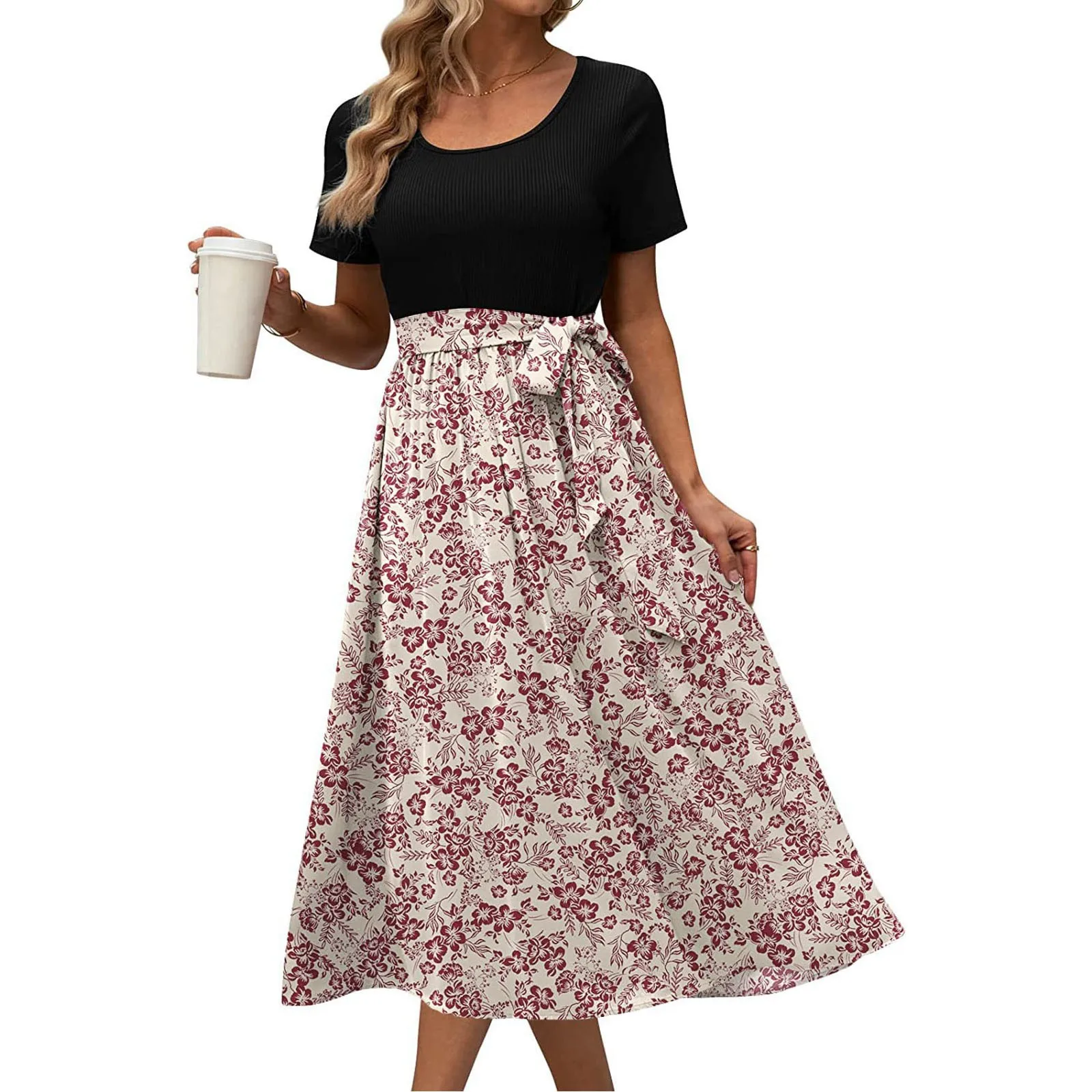 

Summer Boho Floral Print Sundress Women O Neck Short Sleeve Lace Up Ruched Long Dresses Vocation Beach Elegant Dress Vestidos