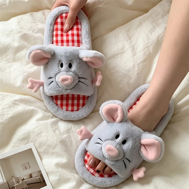XIXITIAO Winter Cartoon Cotton Slippers Men Women Fashion Warm Mouse-style Flat Plush Indoor Shoes Furry Home Open-toed Slides