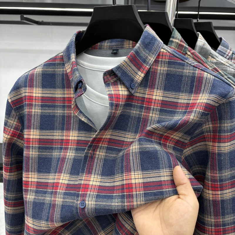 قميص شتوي دافئ بأكمام طويلة مع قميص منقوش من القطن الخالص ذو لون مخملي سميك مبطن بالصوف الذي يحتوي على صوف الأغنام #1