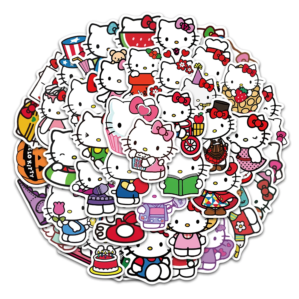 Stiker Hello Kitty mainan anak perempuan, 25/50 buah casing troli stiker gitar Skateboard mainan stiker Anime kulit Laptop untuk anak perempuan