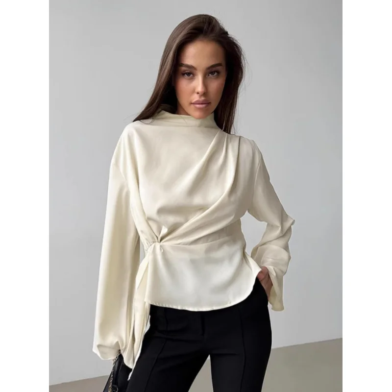 Chiffon Flared Sleeve Blouse for Women2025Spring Fashion Apricot Color Tie Waist Stand Collar Women's Shirt