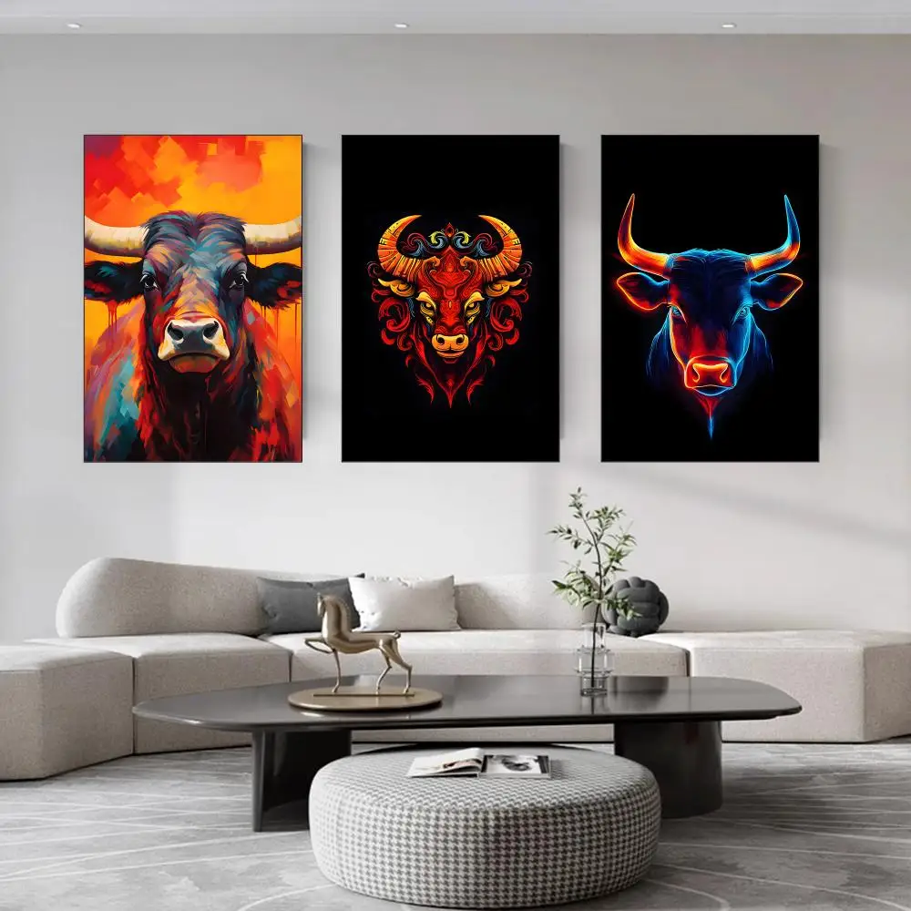 Bull Head Colored Inkjet Paints Decorative Wall Home Party Decoration Festival Gifts Synthetic Canvas No frame