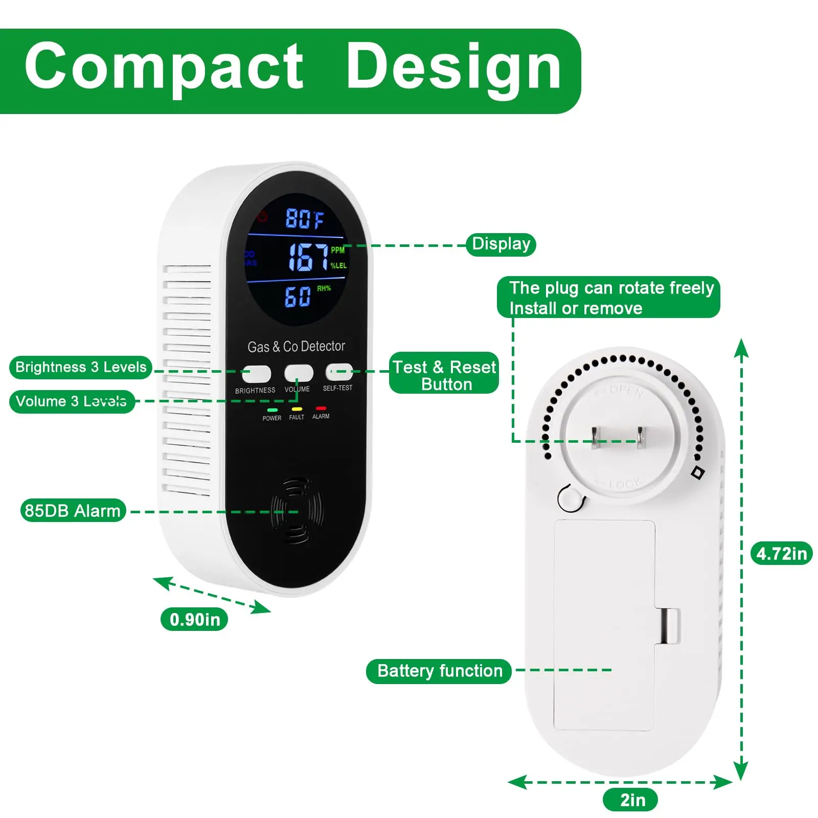 5-in-1 Combination Gas & Carbon Monoxide Detector,AC-Plug-in Natural Gas,Propane&CO Alarm with Adjustable Volume & Brightness,Battery Backup,Temperature(°F)&Humidity Sensor for Home,RV,Hotel