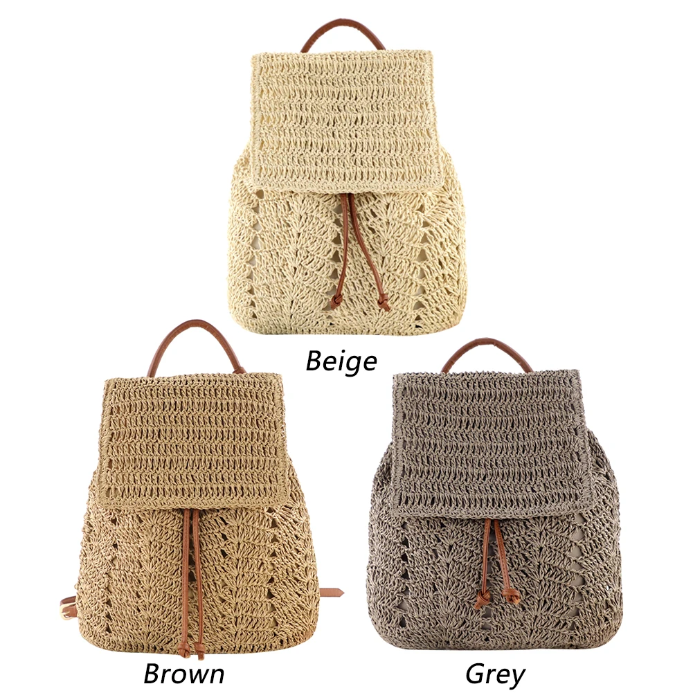 Fashion Straw Shoulders Backpack Woven Women Beach Holiday Bucket Purse Bag