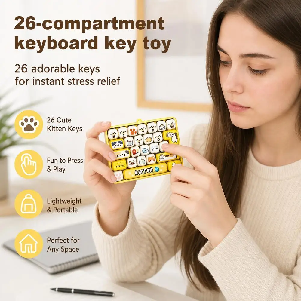 Fidget Keyboard Toy Mini 26-Key Stress Relief Plastic Clicky Keychain Cute Animal Backpack Pendant For Office Workers