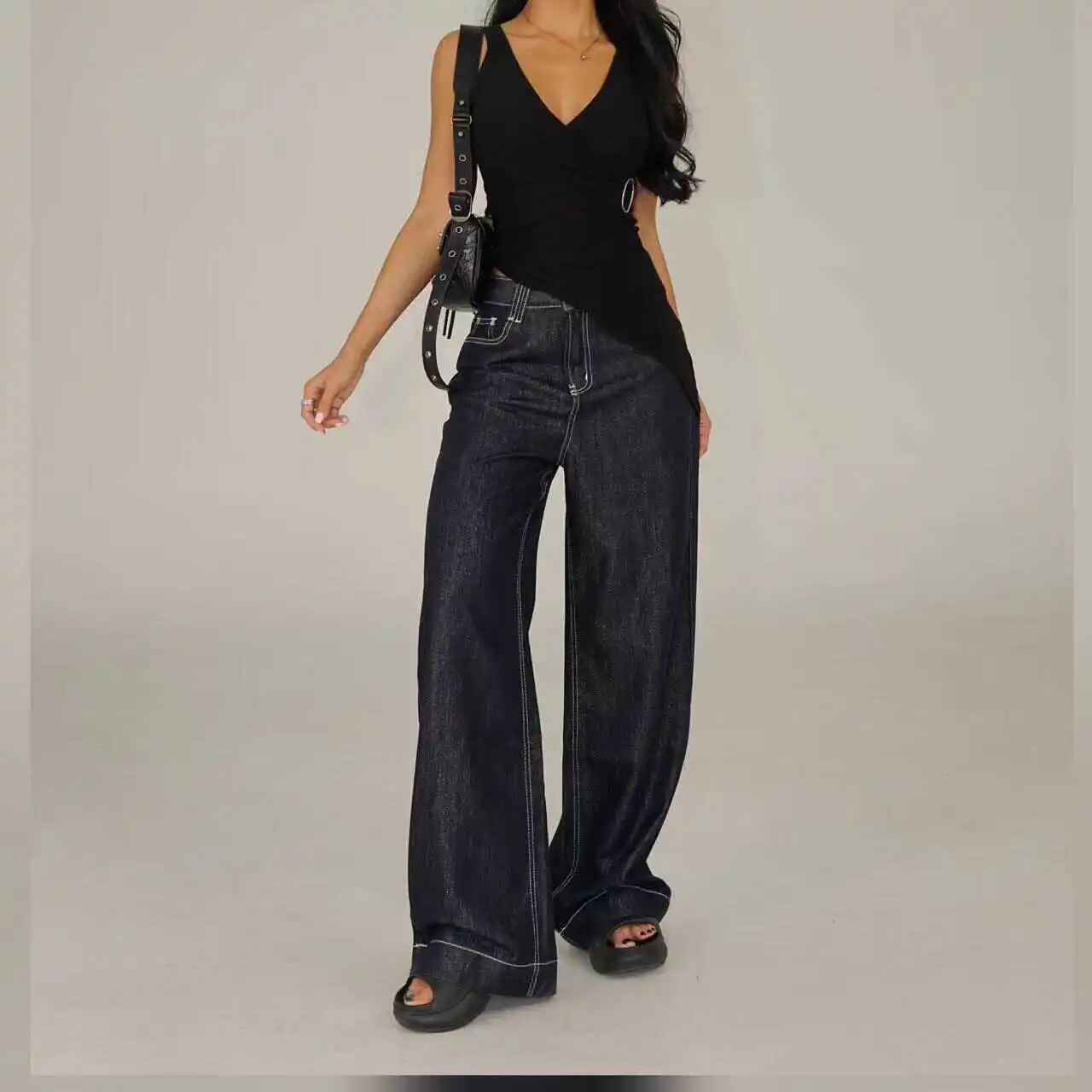 

Широкие брюки с серебряной нитью, охлаждающие, летние, тонкие, свободного кроя, в пол, TY178, женские джинсы свободного кроя