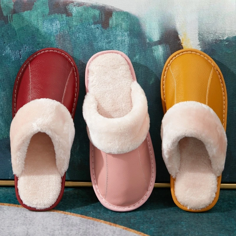 Waterproof Leather-faced Cotton Slipper for Women's Winter Indoor Couples,Thick-soled Anti-slip and Warm Genuine Leather Slipper