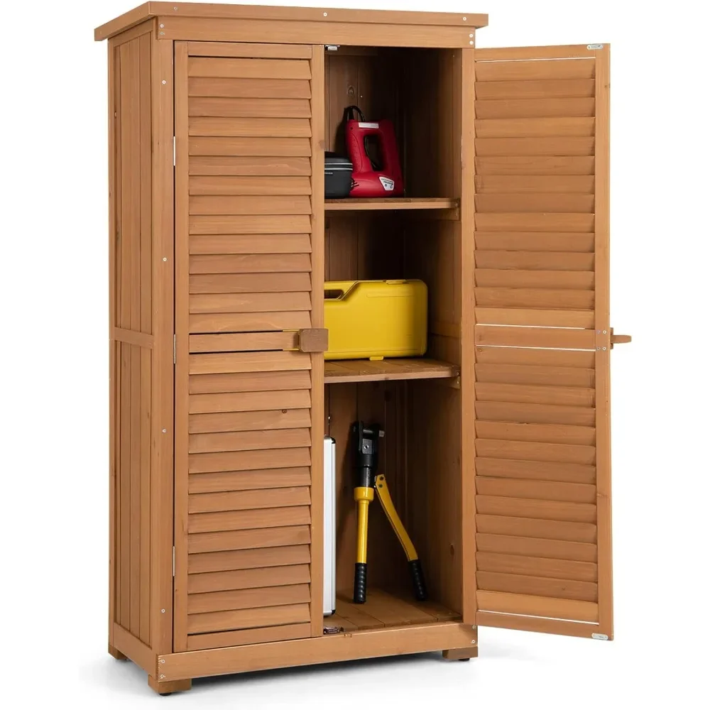 Outdoor Storage Cabinet, Wood Garden Tool Shed with Double Lockable Doors, 3 Shelves and Asphalt Roof