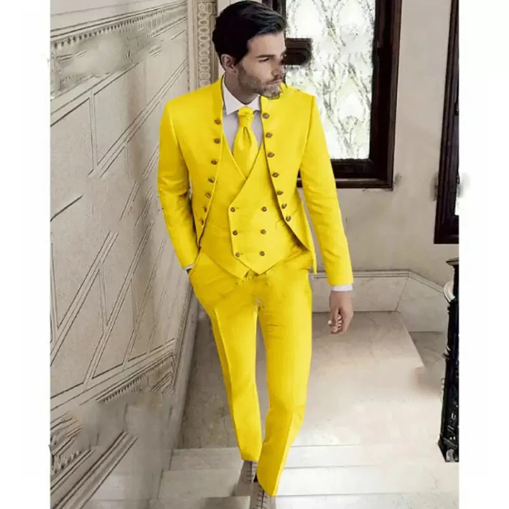 

Yellow Terno Blazer For Men Casual Prom Party Regular Length Three Piece Jacket Pants Vest Slim Fit Masculinos Hombre Male Suit