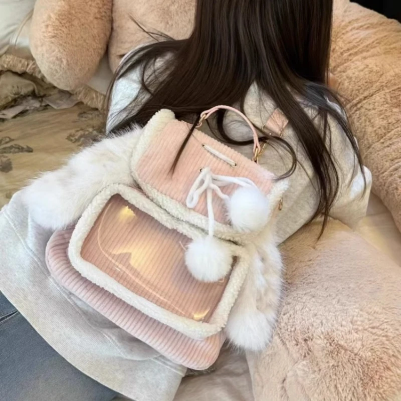 Korean Patchwork Fluffy Ears Transparent Ita Bags Casual Simple Kawaii Cute Schoolbags Sweet Y2k Girls Fashion Backpacks Women