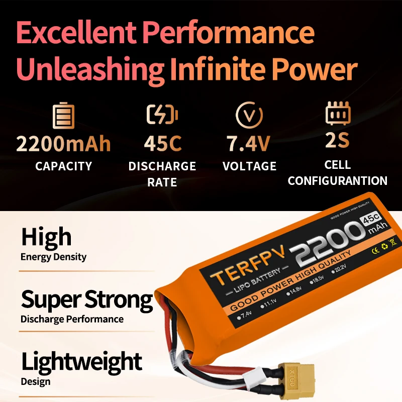 TERFPV 2S 7.4v 2200mAh 35C LiPo Battery XT30/XT60/T/JST Plug For RC Toys Car Airplane Helicopter 7.4v Rechargeable Lipo Battery