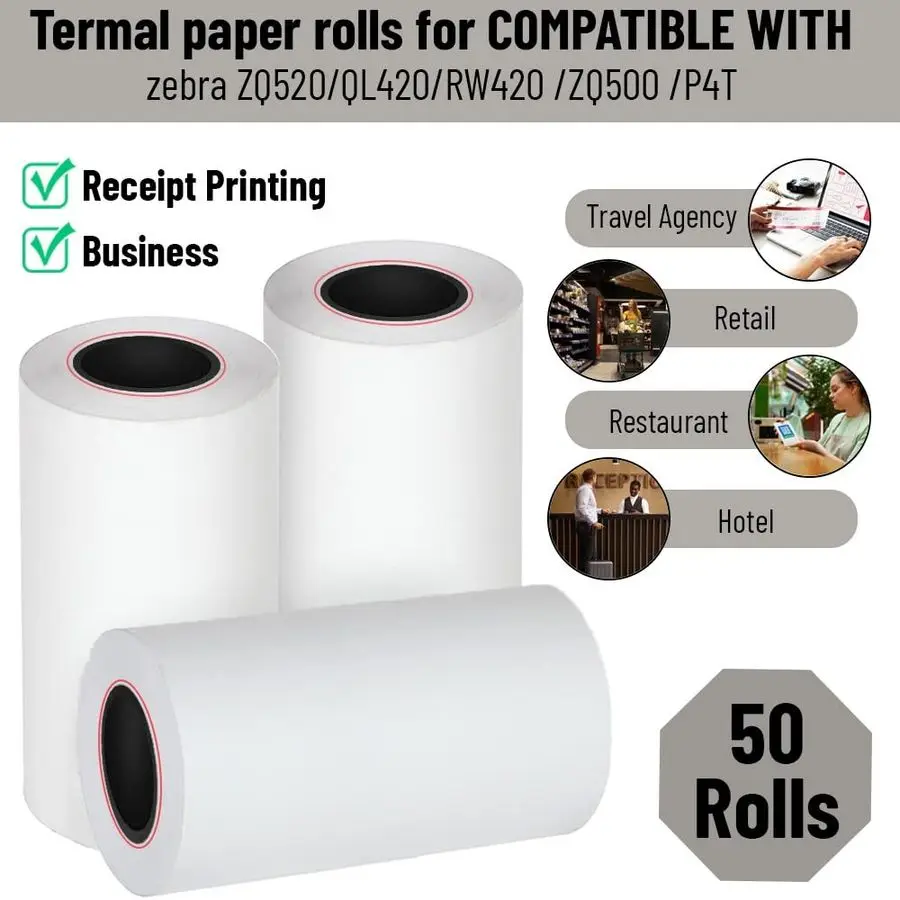 ゼブラプリンターZQ520、QL420、RW420、ZQ500、P4T対応プリンター用紙ロール、80フィートの感熱レシート用紙、50ロール、ラボ用ではありません