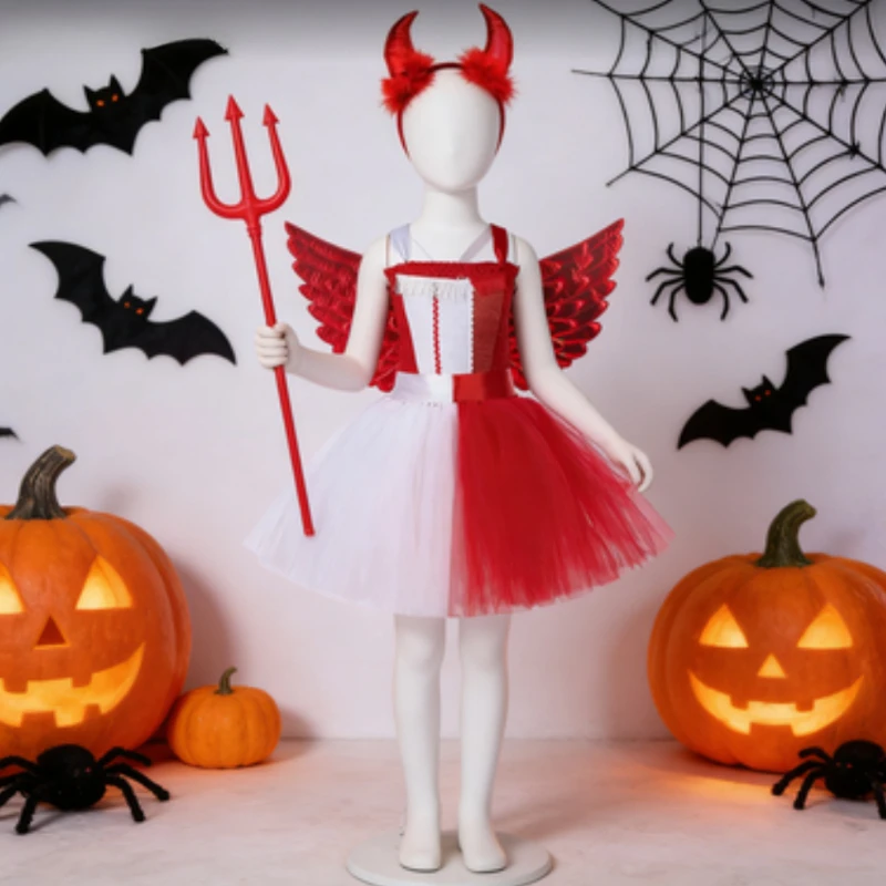 

White Red Devil Angel Costumes for Girls Carnival Party Outfit with Horns Wings Fork for Kids Demon Angel Halloween Fancy Dress