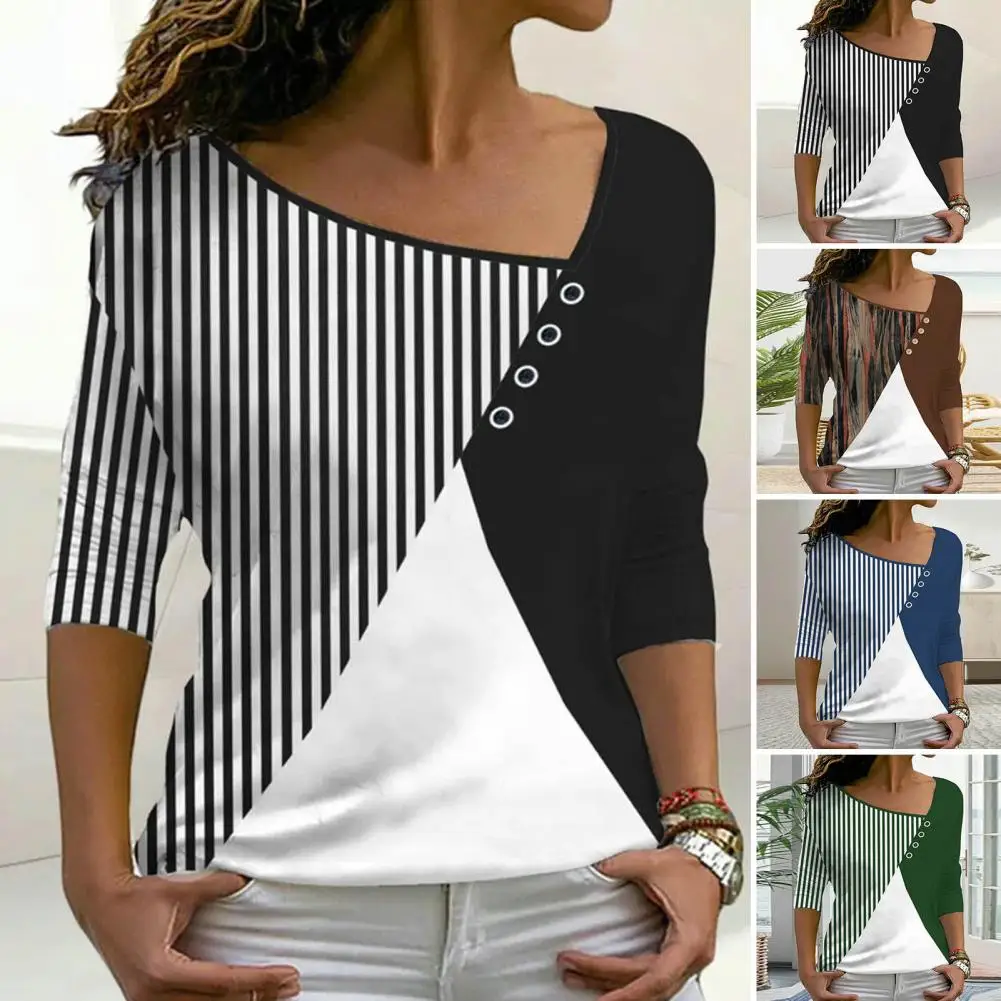 Trendy T-shirt Slim Fit Schrumpfen Beständig Casual Top Streifen Spleißen Farbe Casual T Shirt