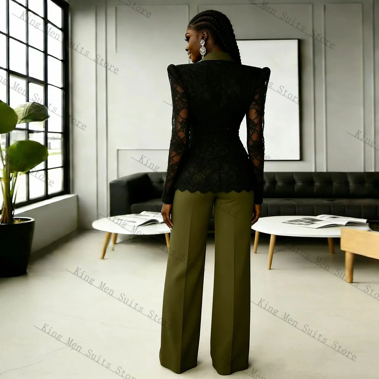Green Black Lace Women Suit Set 2 Pcs Blazer+Pants Trousers Autumn Spring Customized Formal Guest Wedding Tuxedos Coat Jacket