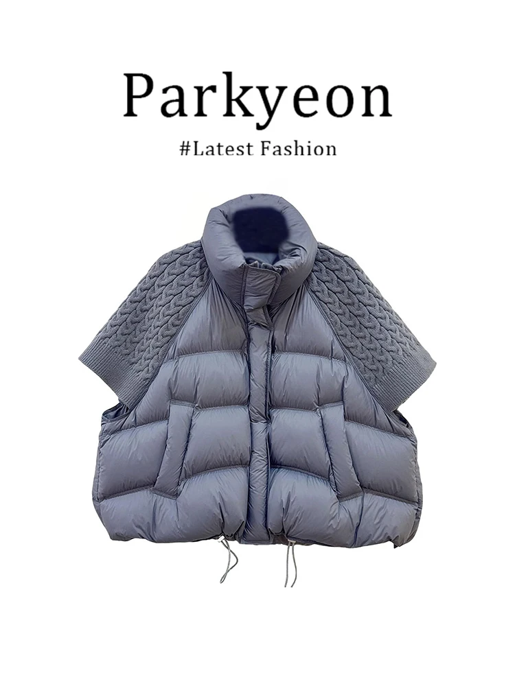 

Parkyeon Korean Style Loose Knitted Short Jacket Women's Cotton Outerwear Winter New Arrival Grey Patchwork Stand Collar