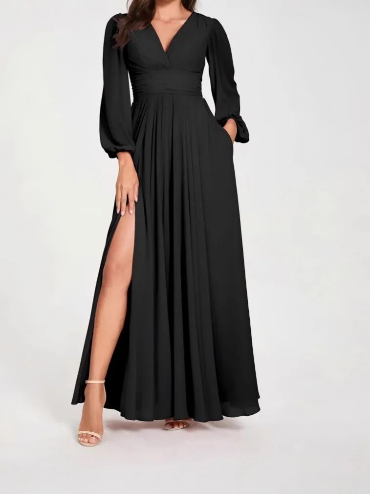 Vestido sofisticado vestido assimétrico profundo, elegante, plissado, volumoso, chiffon, romântico, até o chão