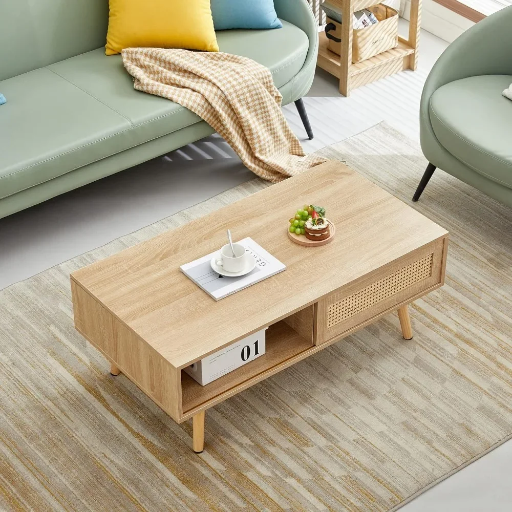 Mesa de centro Rectangular de madera maciza para sala de estar, mesa de centro con puerta corredera para almacenamiento, moderna