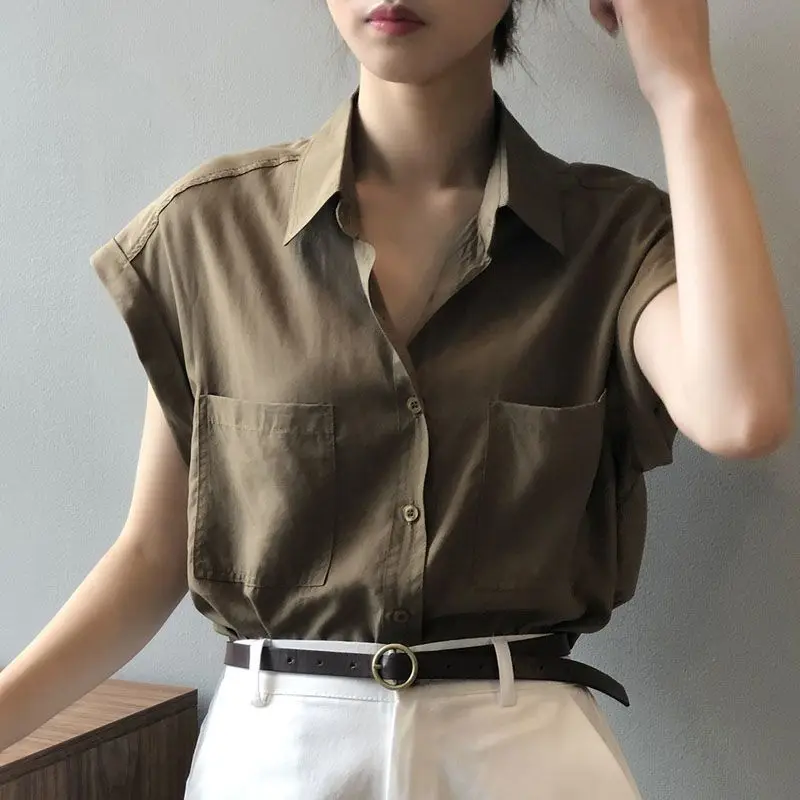 Women Vintage Simple White Button Up Shirt Summer Trendy Short Sleeve Loose Chic Blouse Y2K Streetwear Cotton Tops Blusas Mujer