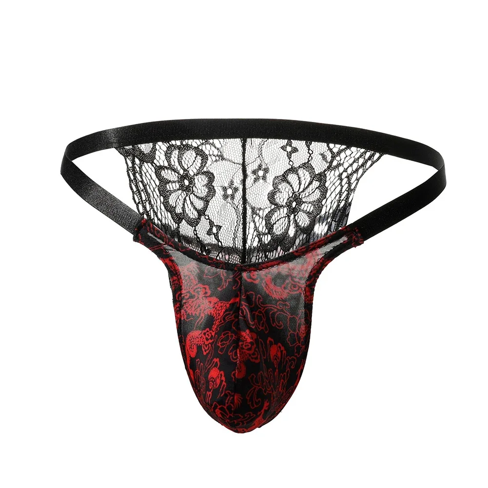 Men Elastic Sexy Briefs Gay Sissy Bulge Pouch Panties Underwear Ultra-Thin EroticThongs Low Waist Lace See Through G-string Mesh