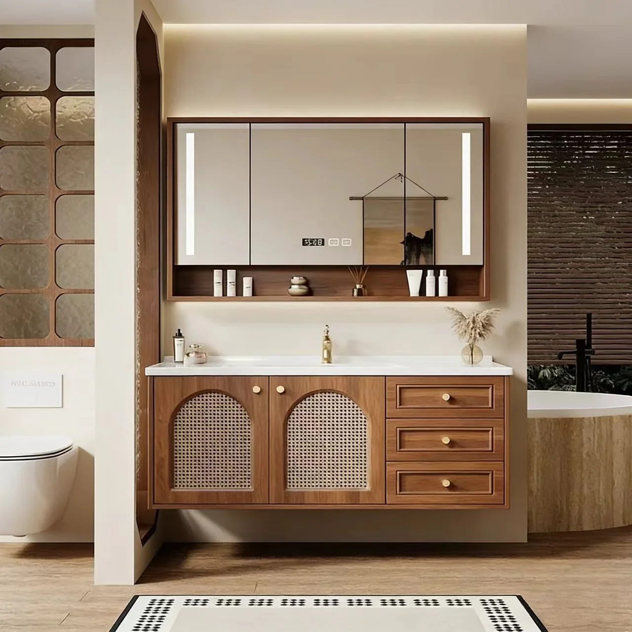 D28 Oak Chinese-style Smart Bathroom Cabinet Combination, Simple Ceramic Integrated Solid Wood Bathroom, Modern Washbasin