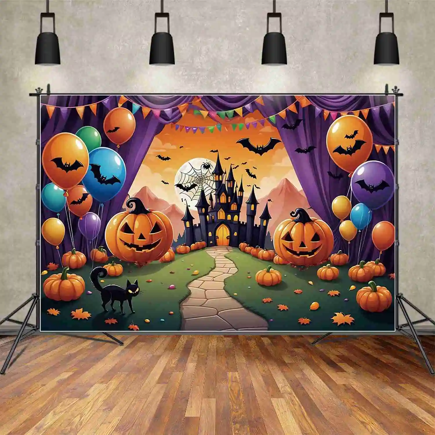 MOON.QG Halloween Backdrop Baby Party Photography Studio Background Children Balloon Curtain Jack-O\'-Lantern Photo Back Drop