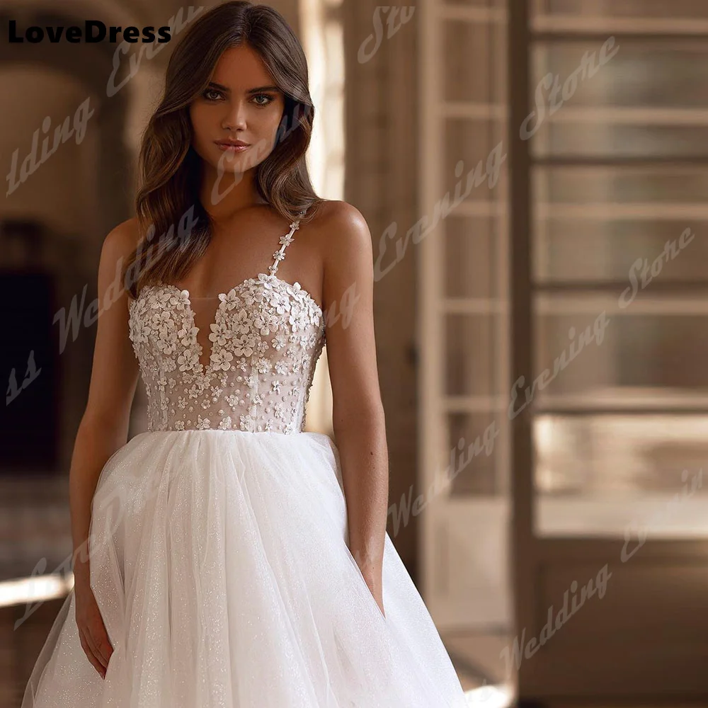 LoveDress gaun pernikahan tali Spaghetti leher-v berkilau untuk wanita gaun pengantin Bohemian A-Line tanpa lengan Vestido kustom