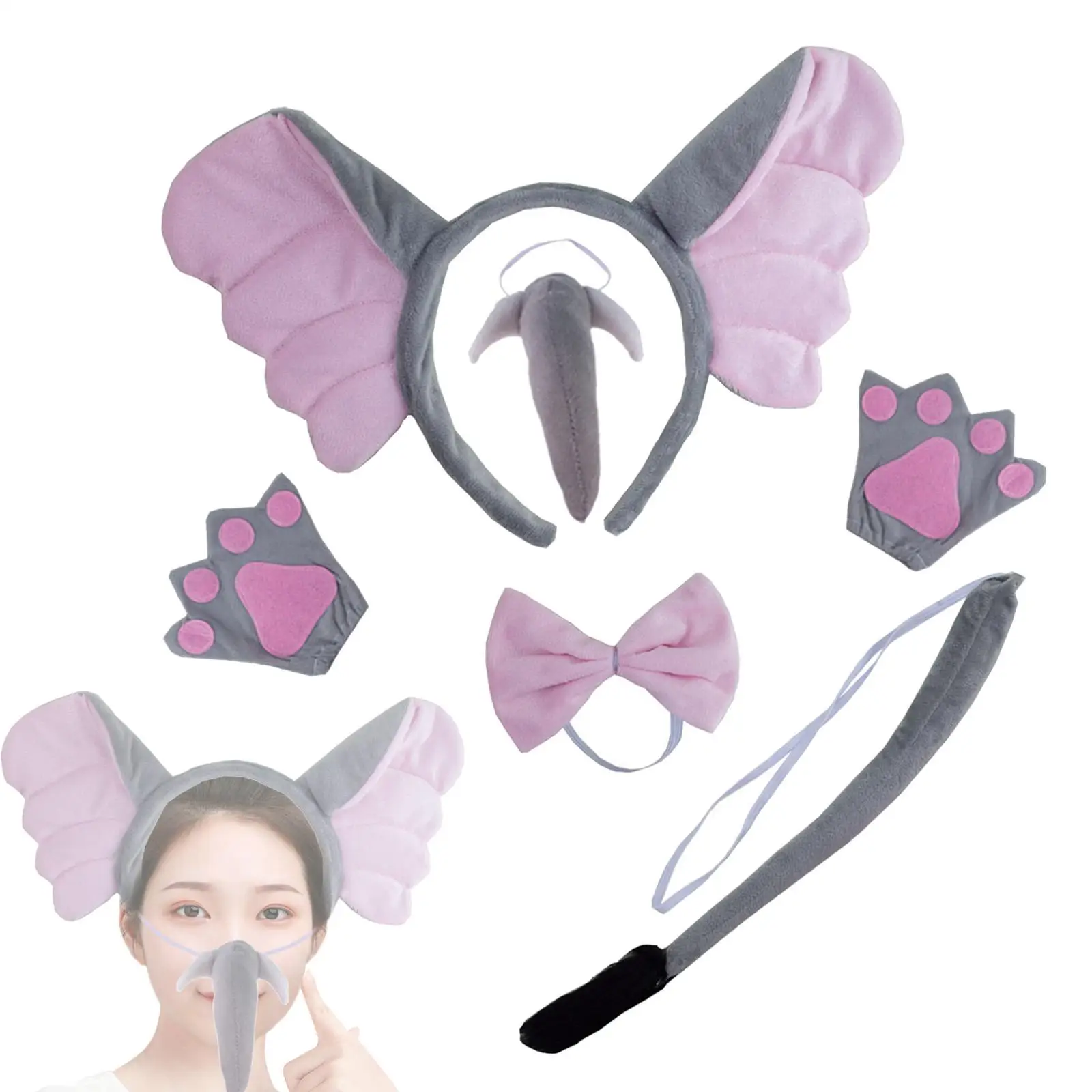 

Elephant Costume Set Animal Themed Parties Comfortable Nose Tail Paws Bow Tie