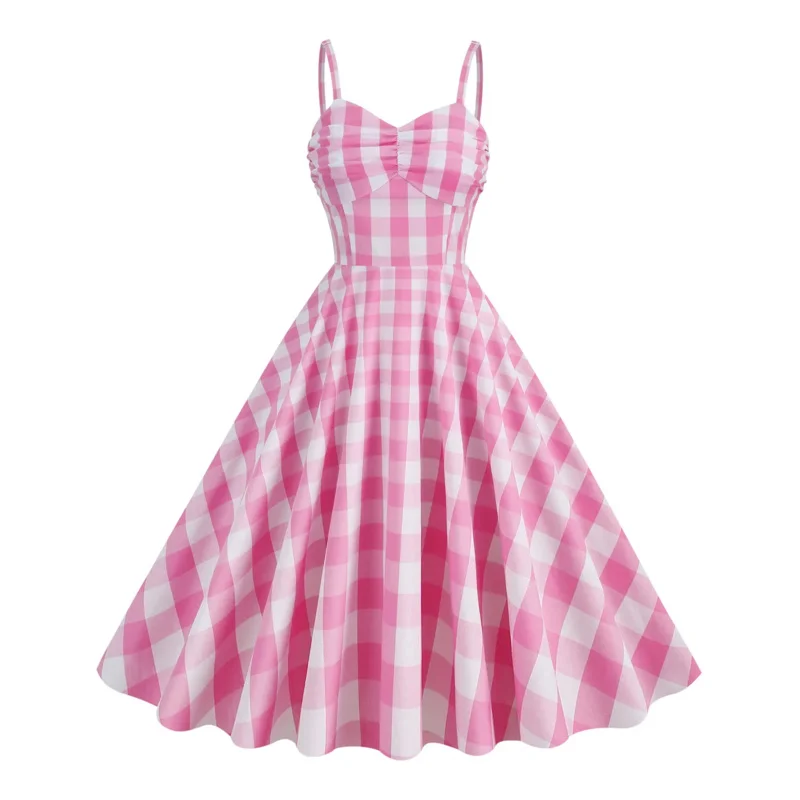 Women Vintage Pink Plaid Dress Retro Rockabilly Spaghetti Strap Suspenders Cocktail Party 1950s 40s Swing Dress Summer Dress OA3