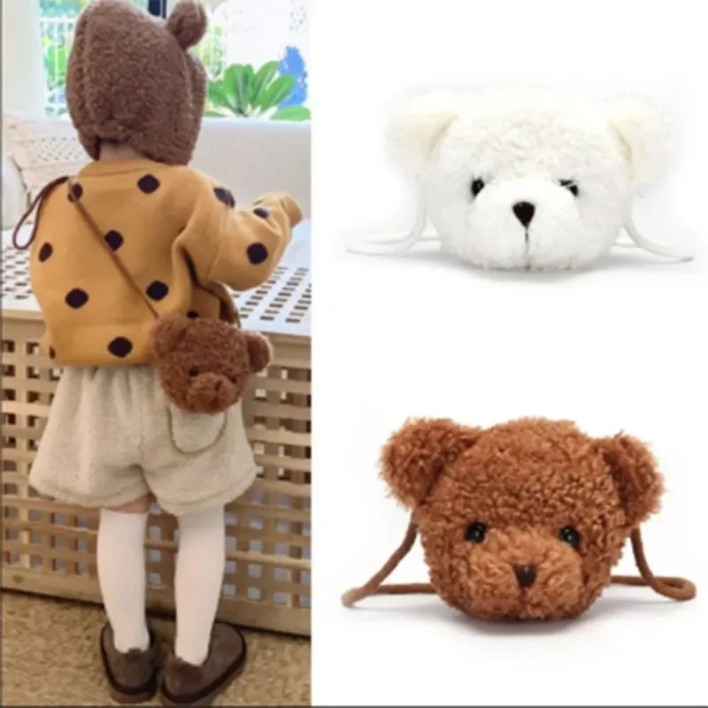 Kawai Soft Plush Bear Crossbody Bags for Girls White Brown Bear Doll Shoulder Bags Coin Money Organizer Pouch Children Gifts