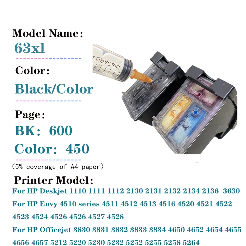 For HP63 63 XL 63XL Ink Cartridge Compatible for HP 63 Deskjet 1110 2130 2131 2132 3630 3632 4250 5220 5230 5252 5232 printer