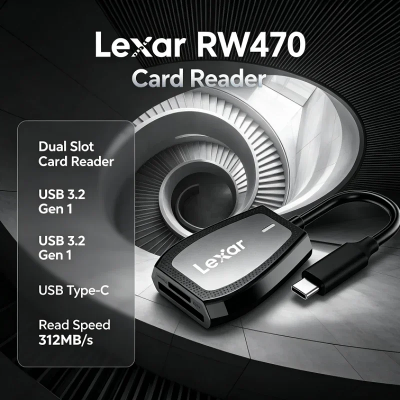 Lexar RW470 2-in-1 Dual Slot Type-C USB 3.2 Gen1 Card Reader SD microSD UHS-II 312MB/s Read Speed for SD Card Data Transfer