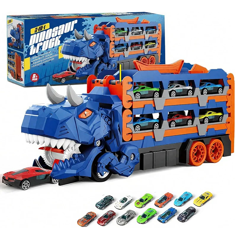 ألعاب شاحنات قابلة للطي على شكل ديناصور مطورة للأطفال من سن 3 إلى 8 سنوات تتضمن 12 قاذفة سيارات صغيرة وهدايا لعب داخلية للأولاد والبنات