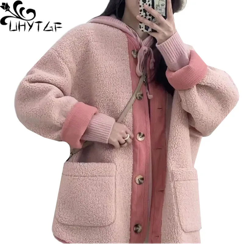 

UHYTGF Quality Lambswool Autumn Winter Jacket Women's 2022 Vintage Splicing Single Breasted Casual Warm Coat Female Outerwear199