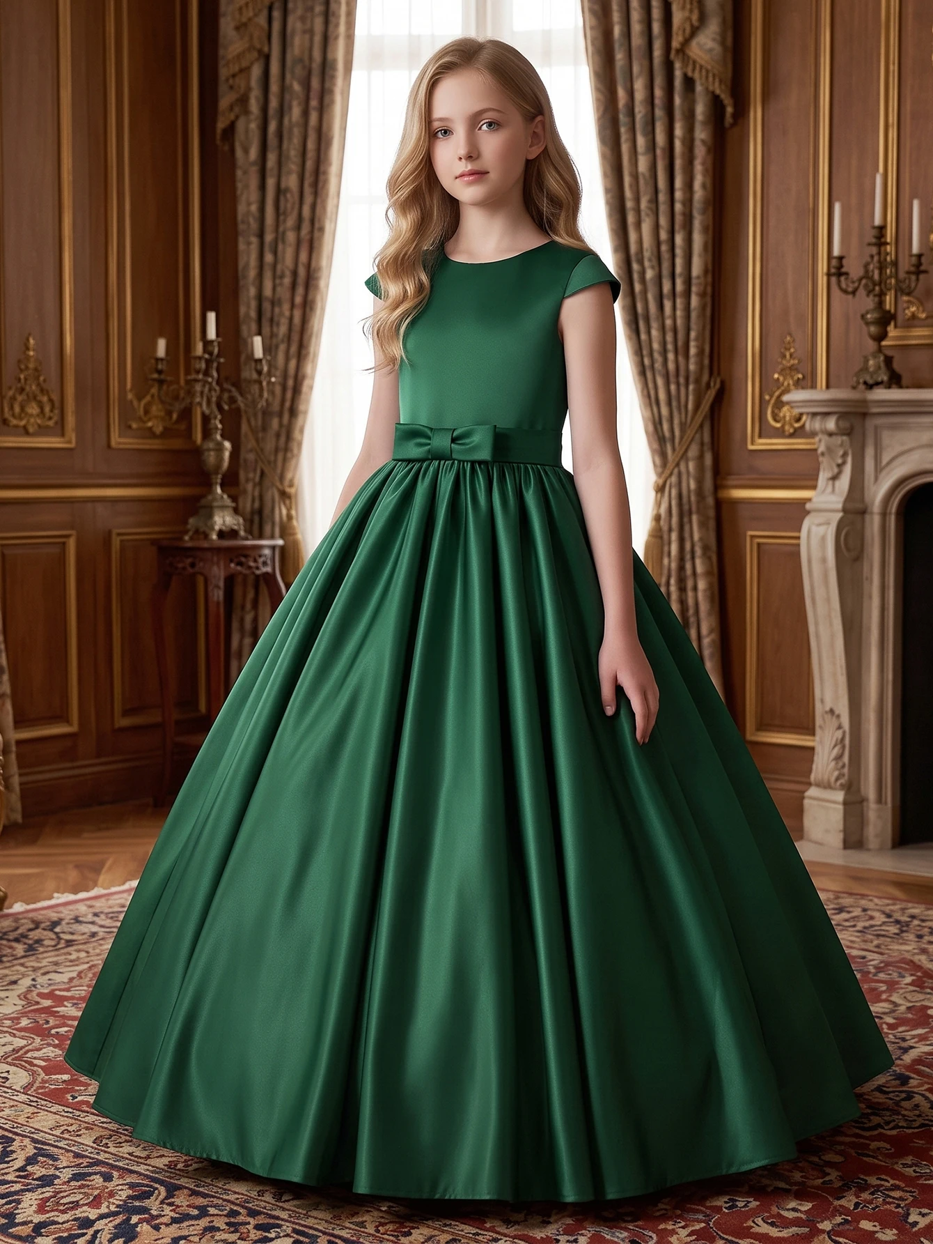 Teen Girls Dark Green Satin Formal Dress Cap Sleeve Bow Sash Floor Length Wedding Guest Flower Girl Ceremony Party Gown For Prom