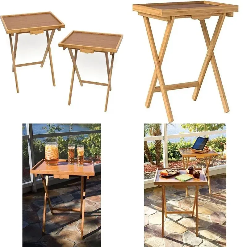 for Bamboo and wood lip folding snack table tray set 2 kitchens home office game room portable foldable dining table