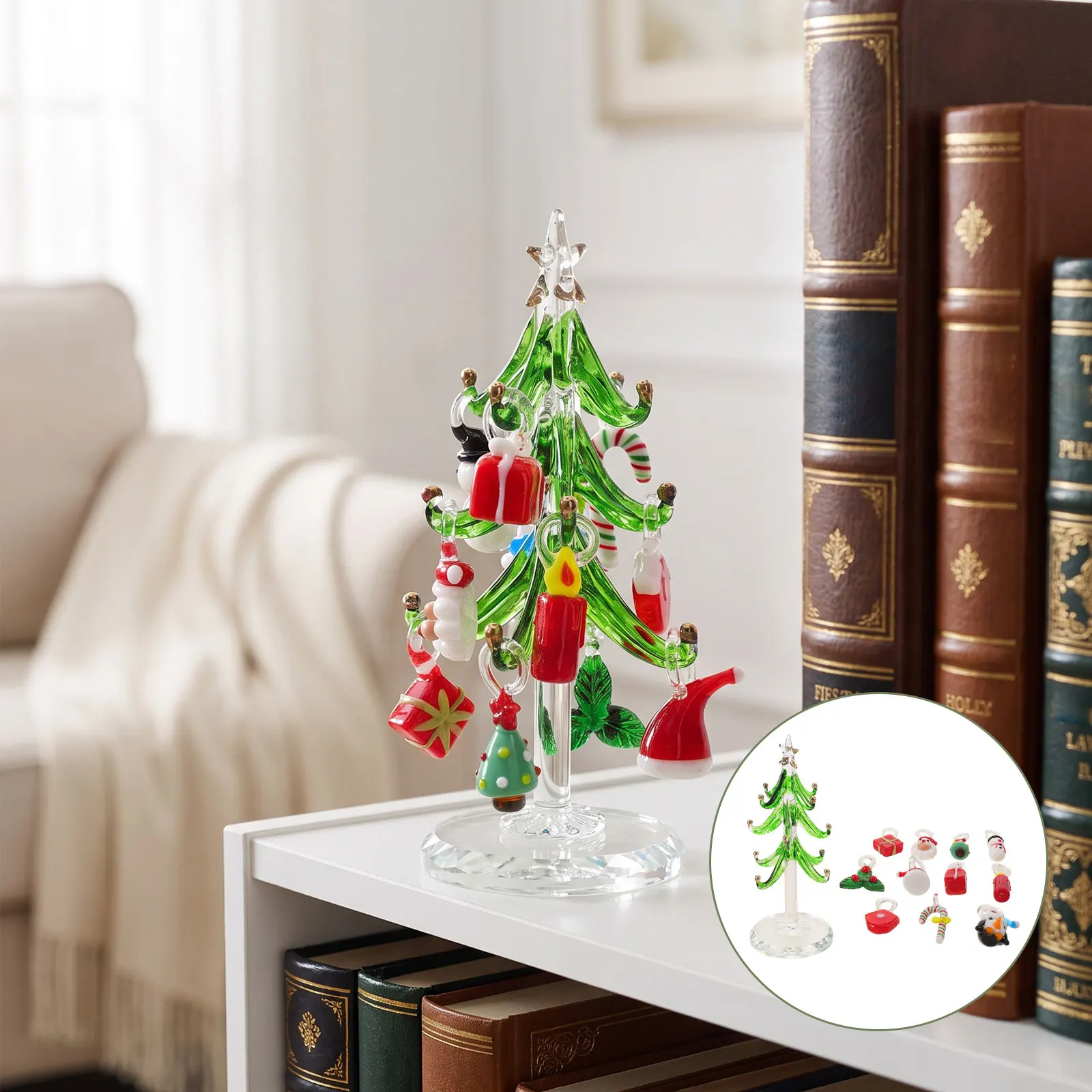Glass Christmas Tree Mini Statue Sparkling Topper Decorative Ornament Holiday Table Centerpiece Winter Home Office