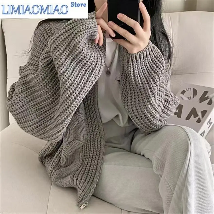 

New Korean Version Autumn Winter Retro Lazy Loose Zipper Twist Sweater Jacket Women's Thick Knit Cardigan