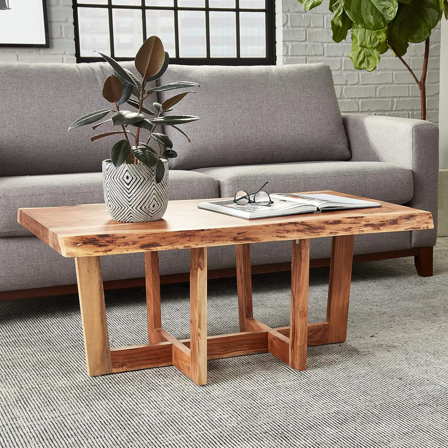 Edge Solid Wood Coffee Table, Natural Acacia, 42 Inch, Handcrafted Minimalist Design with Floor Protectors