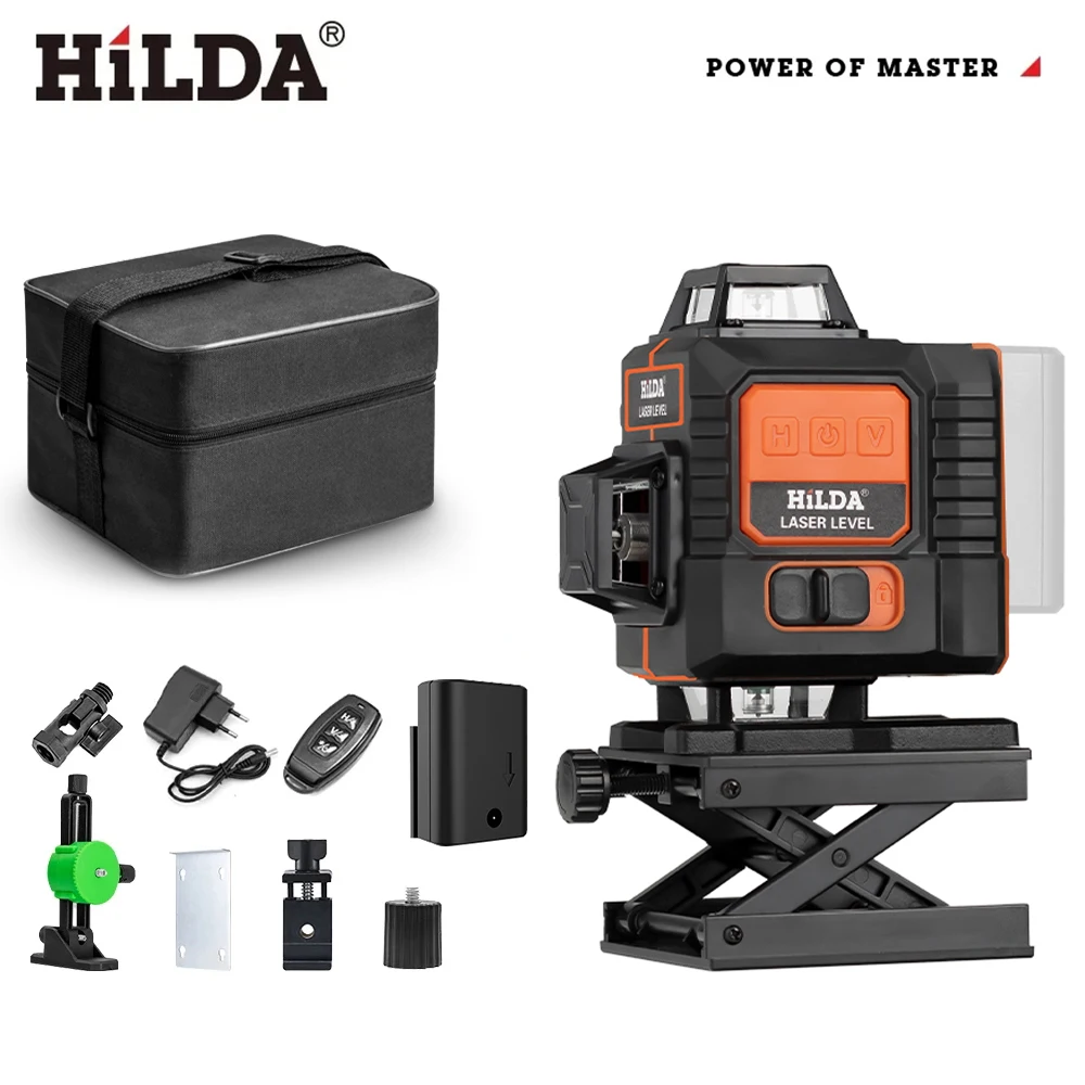 HILDA Green 4D 16 Lines Self-Leveling 360 Horizontal And Vertical Cross Super Powerful Laser Level With Battery Display